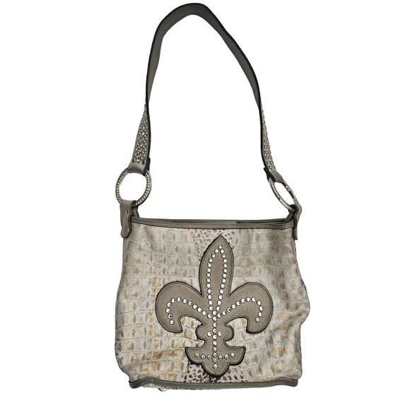 Raviani Multicolor Croc Embossed Leather Fleur De Lis Rhinestone Bucket Bag Stud - Picture 1 of 11